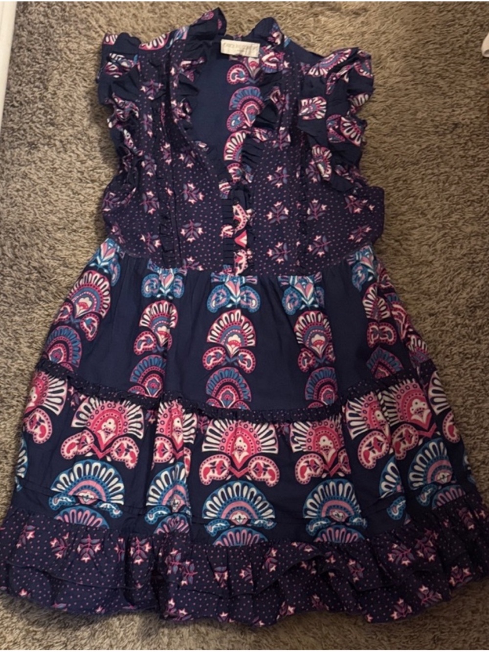 Tuckernuck Navy Pink Blue Printed Ruffle Midi Dress